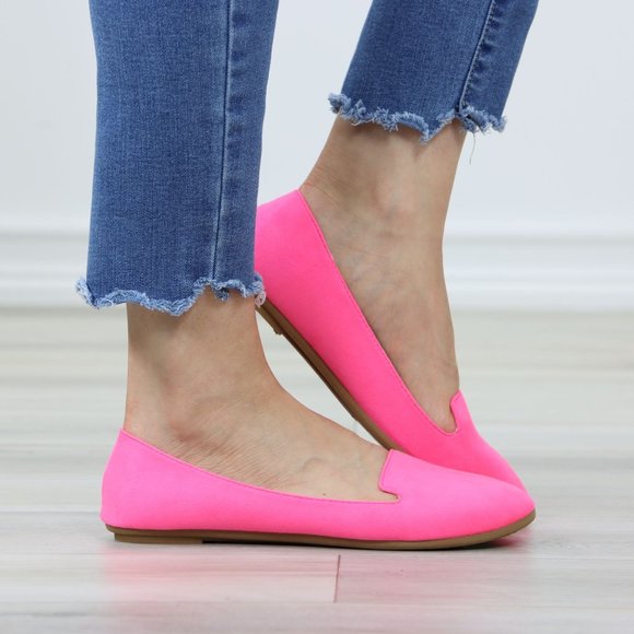 Neon Pink Faux Suede Rounded Toe Slip On Flat Shoes - Picture 2 of 12